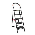 FLIPZON Black Premium Heavy Folding 5 Steps Iron and Plastic Ladder 5.2 Ft with Wide Steps & Anti-Skid Shoes, Black & Orange