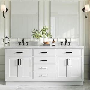 ARIEL Hepburn 72-inch Bathroom Vanity with Sink,Solid Wood, 1.5-inch Pure White Quartz Countertop & Backsplash, Double Oval Porcelain Sink, 4 Soft Closing Doors, 6 Dovetail Drawers, White