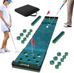 SAPLIZE Golf Pong Game Set, 20in x 10ft Indoor/Outdoor Putting Mat with Putter, Mirror, Cup, 4 Slope Wedges, Ball Bouncer & Roller Brush – Fun Golf Games Gift Idea