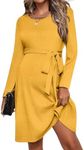 Ekouaer Womens Maternity Dress Rib Knit Long Sleeve Pregnancy Dresses Crewneck Pregnant Clothes with Belt Yellow M