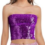 Womens Sparkly Sequin Mermaid Crop Tops, Strapless Metallic Tube Tops for Party Clubwear, Purple, Medium