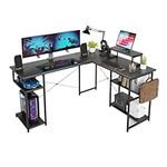 Mutun 58'' L Shaped Desk, Home Office Computer Desk with Monitor Stand and Storage Shelf, Corner Desk with Hook, Modern Large Wooden Gaming Desk, Black