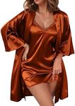 Ekouaer Women's Satin Robe Set Lace Sexy Lingerie Robe Wedding Nightgown 2pcs Cami Bride Party Silk Pajamas Set