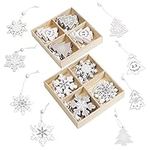 Belle Vous Wooden Nordic Hanging Ornament Christmas Tree Decoration Set (32 Pack) - 8 Traditional Vintage Snowflake and Xmas Tree Holiday Designs - White and Silver Colours