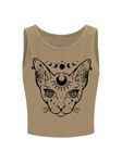 SOLY HUX Women's Summer Round Neck Crop Tank Top Goth Graphic Print Shirt, Khaki Cat Print, Large