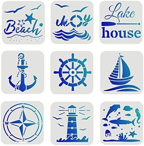 FINGERINSPIRE 9 Pcs Compass Anchor Stencil 6x6 inch Plastic Nautical Theme Painting Stencil Sea Life Stencil Beach Sailboat Lighthouse Fish Stencils Reusable Stencils for Painting on Wood, Floor, Wall