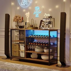 GarveeHome Bar Cabinet Wine Cabinet with Power Outlets, Liquor Cabinet with RGB Led Lights and Glass Holder, Storage Buffet Cabinet Coffee Bar Cabinet for Liquor, for Living Room, Kitchen