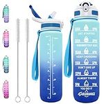 Water Bottles with Time Markings - Leakproof Reusable 32oz Motivational Water Bottle with Straw - BPA Free Christmas Xmas Intake Sports Gym Workout 1l Waterbottle for Running (Sky Mirror)