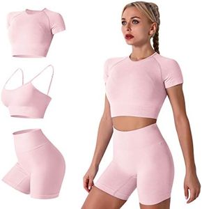 Women Seamless Yoga Outfits 2 Piece Workout Short Sleeve Crop Top with High Waisted Running Shorts Sets Activewear, 3pcs-pink, Small