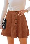 HERBATOMIA Women’s High Elastic Waist Corduroy Skater Skirt Button Front Flared A-line Pleated Mini Brown Skirts for Women with Pocket