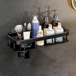 Moforoco Bathroom Accessories with Hooks and Tooth Brushes Holder | Self Adhesive Bathroom Shelf for Wall | Washroom Organiser Made of Strong Quality Metal (Black-Pack of 1)