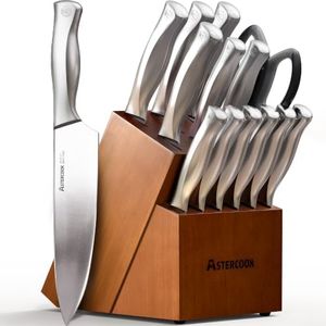 Astercook Knife Set for Kitchen with Block and Sharpener 15pcs Full Tang
