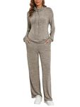 Famulily 2 Piece Tracksuit Sets for Women Long Sleeve Cowl Neck with Drawstring Top and Elastic Waist Wide Leg Pants with Pockets Coffee L