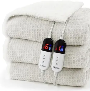 blunique Heated Blanket Electric Blanket Queen Waffle, 84x90 Inches Dual Controllers Sherpa Fleece Fast Heating Blanket 6 Heating Levels & 10 Hours Auto Off ETL Certification, Light Gray Queen