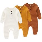 Newborn Baby Boys Girls One Piece Romper With Mitten Cuffs 3 Pack Long Sleeve Ribbed Button Jumpsuit Outfit Clothes white+yellow+tan 3 months