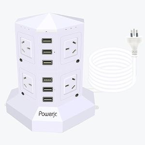 Powerjc Tower Power Strip Surge Protector 8 AC Outlets Outlet with 6 2.4A totals 6A Ports Smart USB Chargers 2M Long Extension Cord SAA Certified White