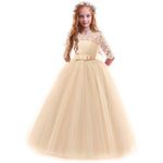 IWEMEK Flower Girls 3/4 Sleeve Floral Lace Tulle First Communion Pageant Dresses Kids Big Girls Princess Birthday Carnival Christmas Bridesmaid Wedding Party Prom Ball Gown Champagne 9-10 Years