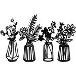 Metal Floral Wall Art Decor Set of 4 Iron Black Flowers with Vases Sculpture for Bathroom, Living Room, Bedroom, Kitchen, Patio, Balcony