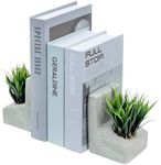 MyGift Modern Gray Concrete L-Shaped Bookends for Heavy Books with Artificial Green Grass Plants, Decorative Heavy Duty Book Stands for Office Desktop or Bookshelf, 1 Pair