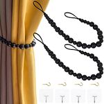 2 Pieces Wood Bead Curtain Tieback Boho Curtain Tiebacks Curtain Holdbacks for Wall Farmhouse Curtain Tiebacks Window Treatment Drape Tie Back with Hooks for Bedroom Wall Dining Decoration (Black)