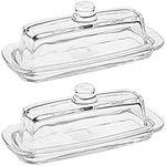 Hedume Set of 2 Glass Butter Dish with Handled Lid, Classic Clear 2-Piece Design Butter Keeper, 100% Food Safe and Dishwasher Safe Standard Size of Butter Dish