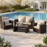 Wisteria Lane 4 Piece Patio Furniture Set, Wicker Outdoor Patio Conversation Furniture Set, All Weather Outdoor Patio Sofa with Cushion and Glass Table, Brown
