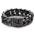 COOLSTEELANDBEYOND Mens Large Vintage Brushed Finishing Steel Curb Chain Bracelet with Fleur De Lis and Skull, Large, Stainless Steel, not-applicable