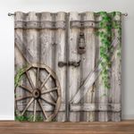 Jekeno Wood Barn Door Blackout Curtains, Rustic Farmhouse Wooden Decor, Vintage Cabin Primitive Rural Theme Grommet Window Drapes for Bedroom Living Room, 52 Wide 84 Long inches 2 Panels