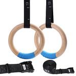 YOELVN Wood Gymnastic Rings with Adjustable Number Suspension Trainer Straps with Cam Buckle 15ft Olympic Rings 32/28mm Heavy Duty 1543/992lbs for Pull Up Bar Workout Exercise Gym Hanging Rings Indoor