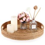 Sumnacon Round Rattan Woven Serving Tray with Handle for Coffee, Beverage, Breakfast, Tea, Candles