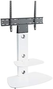 MAHARA Universal Column TV Stand – for 32 to 65 inch TVs-Freestanding White Tall Floor Stand with Curved White Glass Shelves and Cable Management-Height Adjustable & fits in Corners-Max Weight 40kg