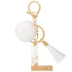 MWOOT Letter L Keyring with Tassels Plush, Initial Keychain Gold White Resin Car Cute Keychain, Personalised Keyring Handbag Charms Accessories Craft Decoration Prime Keyring Gift for Women Friend(L)