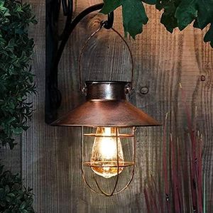 pearlstar Solar Lantern Outdoor Hanging Light Metal Farmhouse Solar Lamp with Warm White Edison Bulb Design for Garden Yard Patio Porch Decor (Brushed Copper)