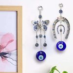 TIED RIBBONS 2 Pcs Horse Shoe Butterfly Blue Pendant Evil Eye Hanging for Car Home Entrance Wall Door Office Ornament Amulet Charm for Good Luck and Protection Decorative Gift (10 inch)