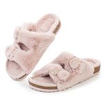 FITORY Womens Open Toe Slipper with Cozy Lining,Faux Rabbit Fur Cork Slide Sandals Size 6-11, Pink, 8