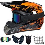 Motocross Helmet Adult Full Face Helmet MTB with Goggles/Gloves/Mask/Helmet Net, Youth Kids Downhill Off-Road Motorcycle Crash Helmet, ATV BMX Quad Bike Enduro Dirt Bike Helmet,(52-59CM),Orange-XL