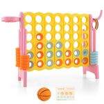 GYMAX Giant Connect 4 Game, Jumbo Four in a Row Games with 42 Rings, Basketball Hoop, Ring Game, 5 Toss Rings, Basketball & Quick-Release Slider, Garden 4 to Score Game for Kids Adults (Yellow+Pink)