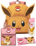 Pokemon Girls Backpack Set | Kids 4 Piece Multicoloured Rucksack Set with School Bag, Pencil Case, Lunch Bag & Water Bottle | Eevee with 3D Ears Complete Matching Bundle | Back to School Gifts