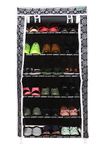 FLIPZON Premium 6-Tiers Shoe Rack/Multipurpose Storage Rack with Dustproof Cover (Iron Pipes, Non Woven Fabric, Plastic Connector) (Black Flower)