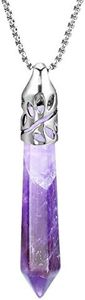 BEADNOVA Natural Amethyst Gemstone Necklace Hexagonal Pointed Chakra Healing Crystal Quartz Pendant Necklace Stainless Steel Chain 18" Gift Box Packing