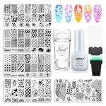 AIMEILI Nail Art Stamping Templates Manicure Tool Kit 5Pcs Nail Stamping Plates, 2 Stamper, 2 Scraper, 1 Latex Peel Off Tape, Flower Animal Pattern Manicure Print Tools for DIY Nail Art Designs