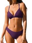 CUPSHE Bikini Set for Women Two Piece Swimsuits V Neck Low Rise Crisscross Back Self Tie Spaghetti Straps, Grape Purple, Small