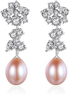 QuakerBird Freshwater Cultured Genuine Pearl Drop Earrings for Women Sterling Silver 9-10 mm Pearls Tennis Cluster CZ Dangle Stud Earrings Wedding (01, pink)