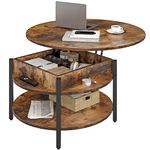 FABATO Round Lift Top Coffee Table with Storage and Hidden Compartment, 90cm Farmhouse Coffee Table for Living Room Reception Room, 2 Tier Large Round Coffee Table Circle Dining Table, Rustic Brown