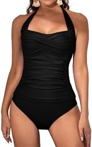 Eomenie Womens Halter Tankini Bathing Suit Ruched Tummy Control Two Piece Swimsuit with Bottom, Black, Medium