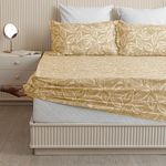 HOMEMONDE 100% Cotton Fitted Sheet Leaf Printed Queen Size Elastic Fitted Bedsheet with 2 Pillow Covers Wrinkle Free Noiseless Bed Sheets - (78 x 72 Inches, Golden)