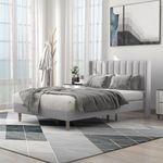 alazyhome Upholstered Platform Full Size Bed Frame with Headboard Wooden Slats Support No Noise Easy Assembly Light Grey Linen