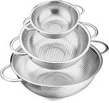 FEELING MALL Stainless Steel Micro-Perated Colander Set Of 3 (1-3-5Quart) - Professional Strainer With Heavy Duty Handles And Self-Draining - Dishwasher Safe, 28 X 28 X 11 Centimeters, Silver