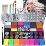 VANSHORA Professional 42 Color Face Painting Kit For Kids And Adults | Non Toxic Water Activated Face Paint Palette With Uv Glow And Glitter Colors | Includes Brushes Stencils Gems