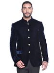 BLACKSMITH Navy Blue Velvet Bandhgala Short Length Jacket For Men-Navy Blue Velvet Bandhgala Coat For Men [40]